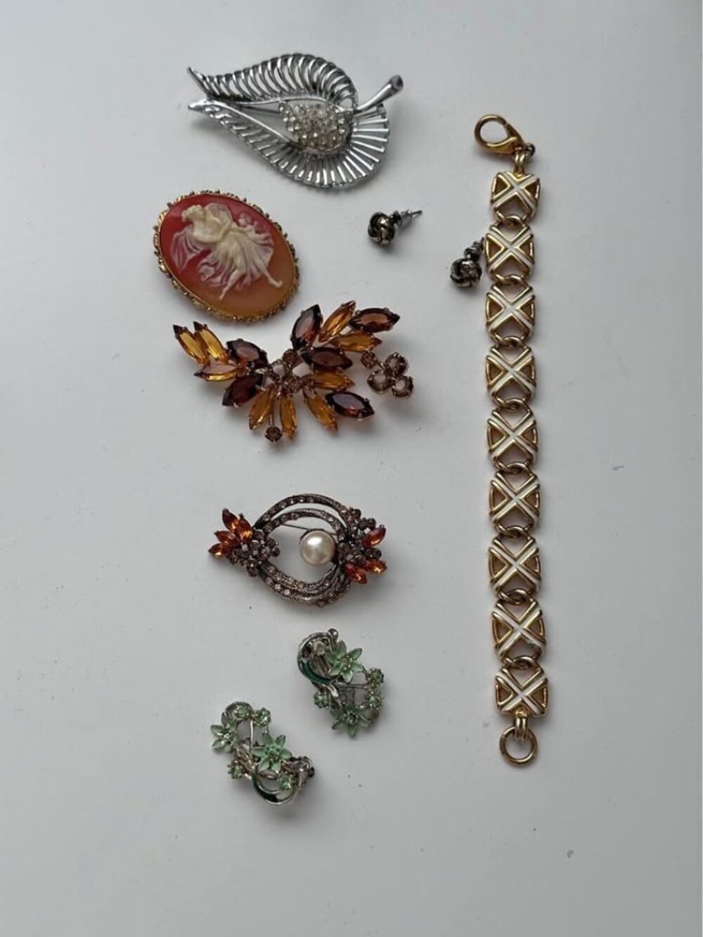 Vintage  Jewelry Lot Brooches Bracelet Cameo Floral Clip Earrings Rhinestone